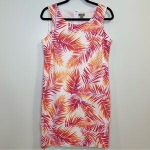 J. Jill Sleeveless Love Linen Pink Orange Tropical Palm Leaf Shift Dress Size 6